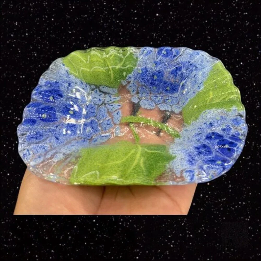 Fused Art Glass Dish Plate‎ Ruffled Edges Blue Flowers Glass Trinket Dish 6”Wide